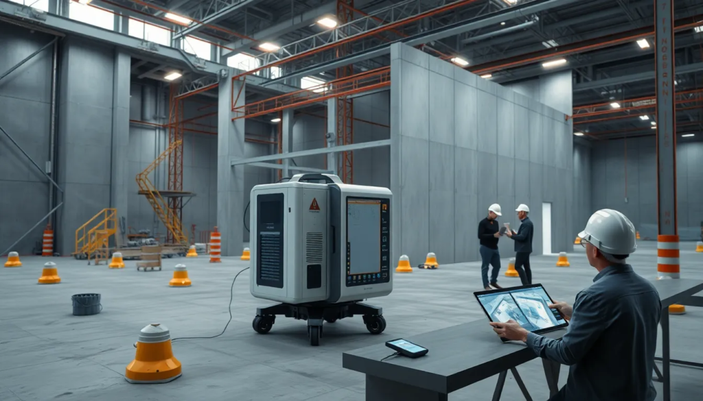 Un chantier de construction moderne avec une machine de scan laser 3D capturant la structure d'un bâtiment, entourée de réflecteurs et de cibles intelligentes, tandis que des travailleurs analysent des modèles numériques sur des tablettes.