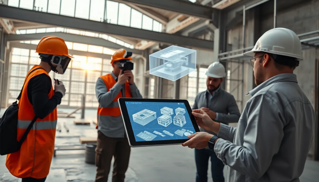Scène de chantier de construction avec plusieurs scanners 3D en action, des architectes et ingénieurs collaborant sur une maquette numérique, projections de données 3D et éléments structuraux comme des poutres et des échafaudages.