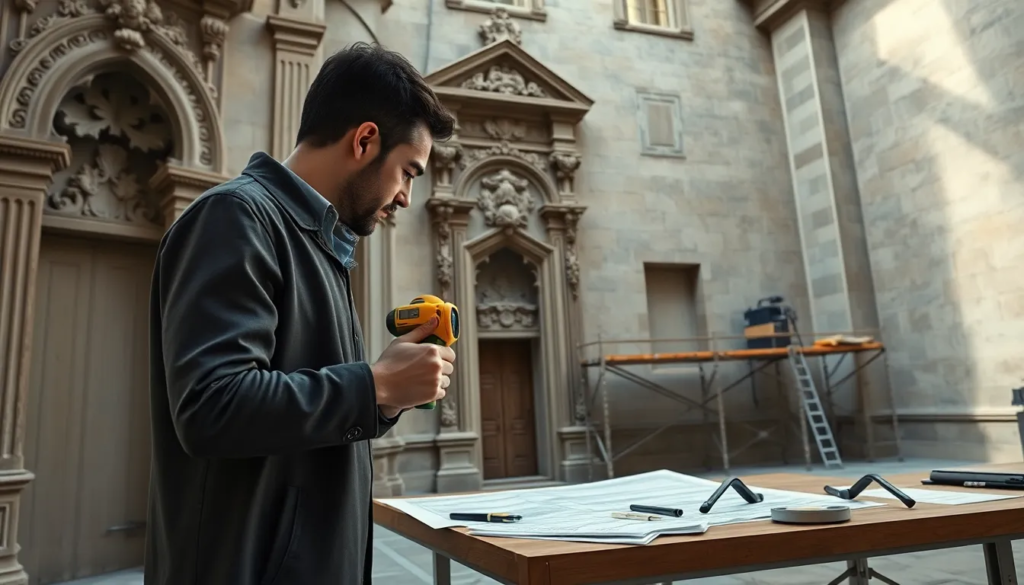 Un chercheur utilisant un scanner laser portable pour mesurer en détail une façade en pierre ornée d'un bâtiment historique, avec des plans architecturaux et des outils de modélisation 3D sur une table, dans un environnement de restauration moderne.