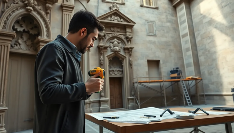 Un chercheur utilisant un scanner laser portable pour mesurer en détail une façade en pierre ornée d'un bâtiment historique, avec des plans architecturaux et des outils de modélisation 3D sur une table, dans un environnement de restauration moderne.