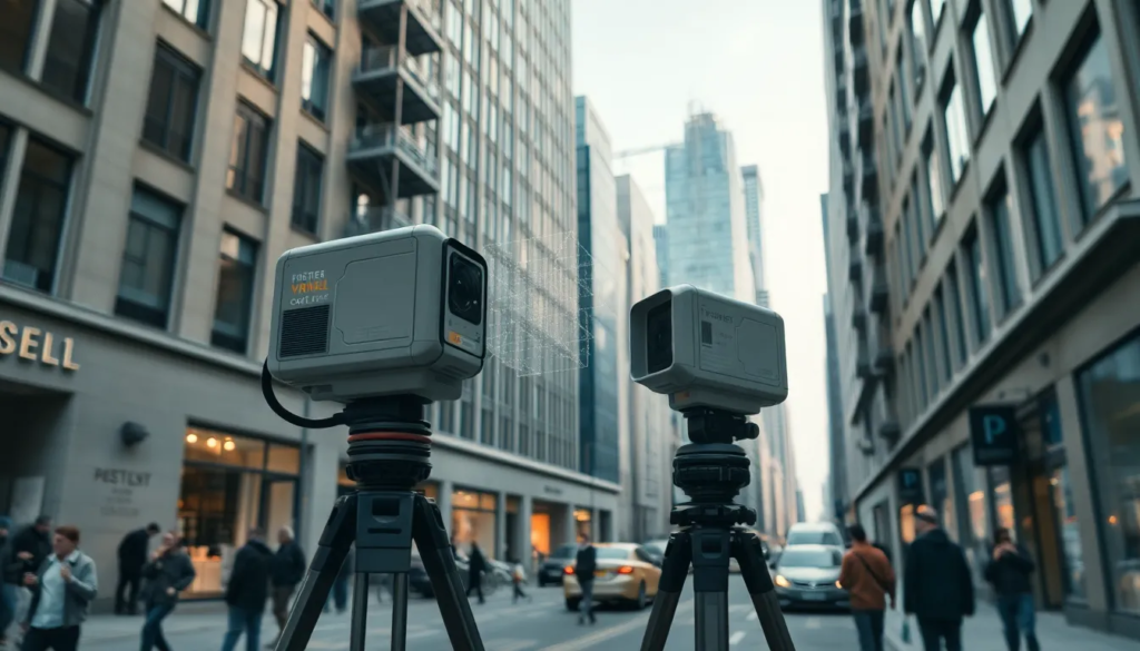 Un architecte utilise un scanner laser dans un environnement urbain animé, avec des bâtiments hauts et des rues étroites, mettant en avant la technologie de numérisation 3D et les nuages de points numériques visibles.