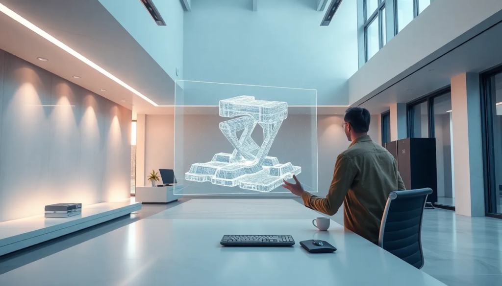 Espace de travail architectural moderne avec une personne analysant un grand affichage holographique d'un modèle de nuage de points 3D. Ambiance futuriste avec des surfaces épurées, éclairage naturel et équipements high-tech.