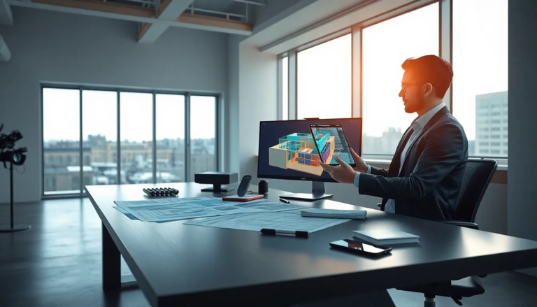 Espace de travail d'architecture moderne avec un architecte examinant une tablette numérique, 3D scanner et ordinateur affichant un modèle 3D, baigné de lumière naturelle.