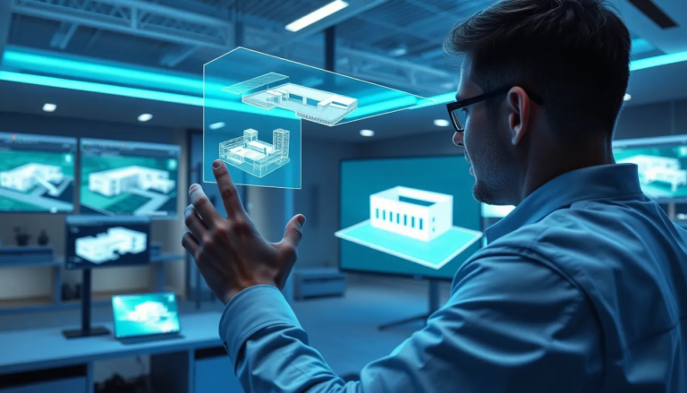 Espace de travail numérique présentant une personne collaborant sur des projets BIM avec un modèle 3D interactif sur une interface holographique, ambiance moderne et innovante.