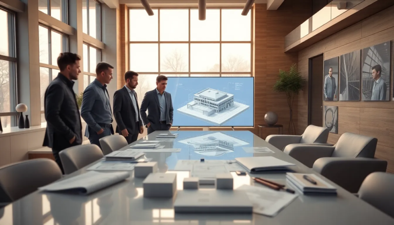 Groupe d'architectes se réunissant autour d'une grande table dans un bureau contemporain, analysant des scans 3D d'un bâtiment sur un grand écran numérique. Ambiance collaborative avec des meubles modernes et une lumière naturelle.
