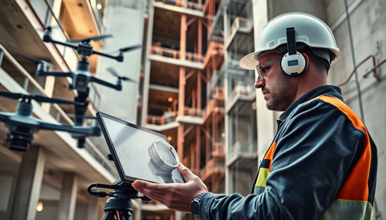 Ingénieur en construction analysant des modèles 3D sur une interface numérique, entouré d'équipements avancés de scan 3D, dont un scanner laser et un drone, dans un environnement architectural complexe.