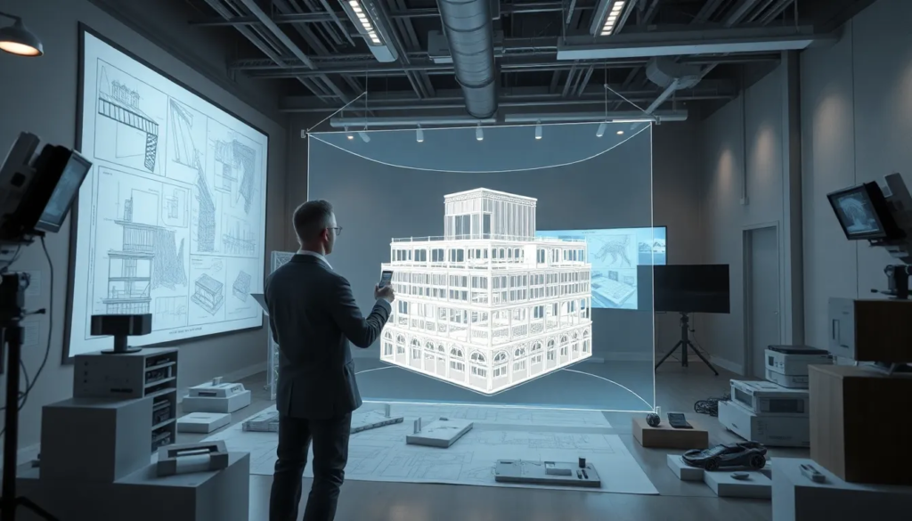 Un architecte analysant un affichage holographique détaillé d'un scan 3D d'un bâtiment complexe, entouré de modèles de construction et d'équipements de numérisation, dans un environnement moderne et technologique.