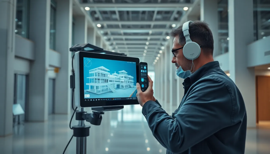 Un professionnel utilisant un scanner 3D haute technologie dans un cadre architectural moderne, capturant des structures complexes avec des affichages numériques montrant des modèles architecturaux.