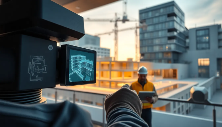 Scan 3D d'un site de construction avec un scanner Leica RTC360, affichant des nuages de points, des interfaces numériques et des professionnels analysant des modèles architecturaux modernes.