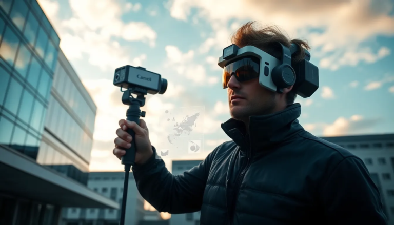 Personne utilisant un scanner 3D en extérieur, entourée de structures architecturales, avec des éléments de bâtiment scannés et des visualisations de données holographiques dans un ciel dynamique.