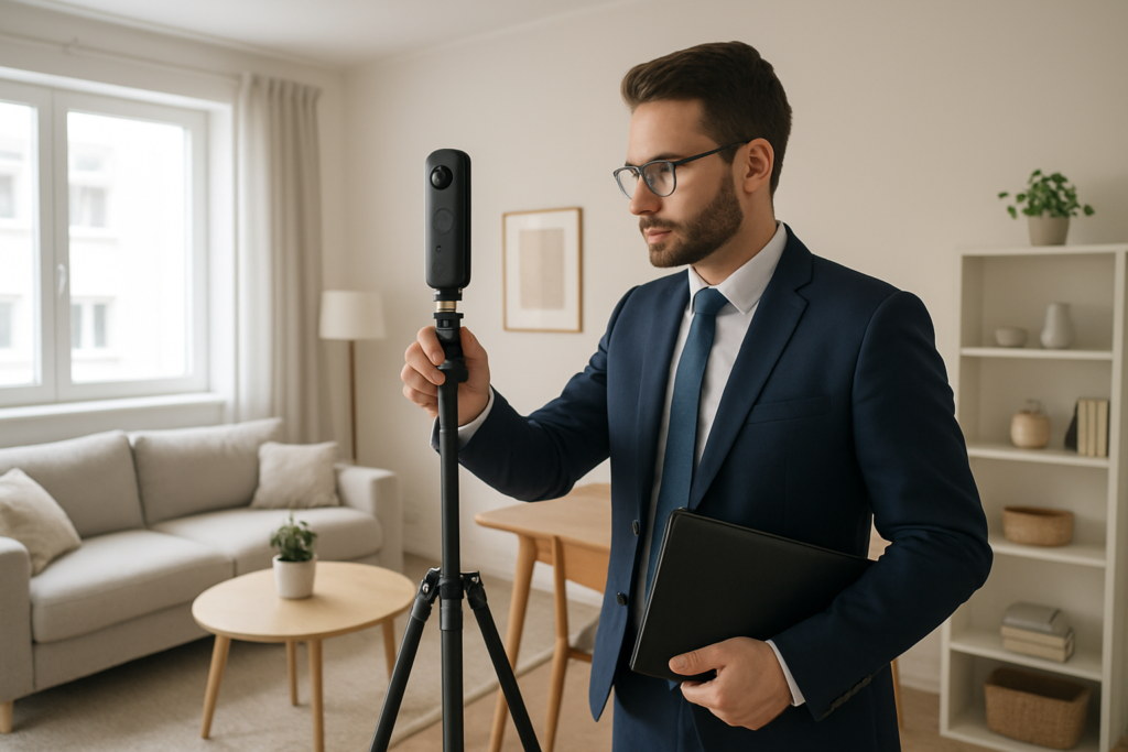Photo réaliste d'un agent immobilier professionnel utilisant une caméra 360° montée sur trépied dans un appartement lumineux et rangé, capturant des vues pour une visite virtuelle immobilière; haute résolution, éclairage naturel, ambiance moderne et soignée