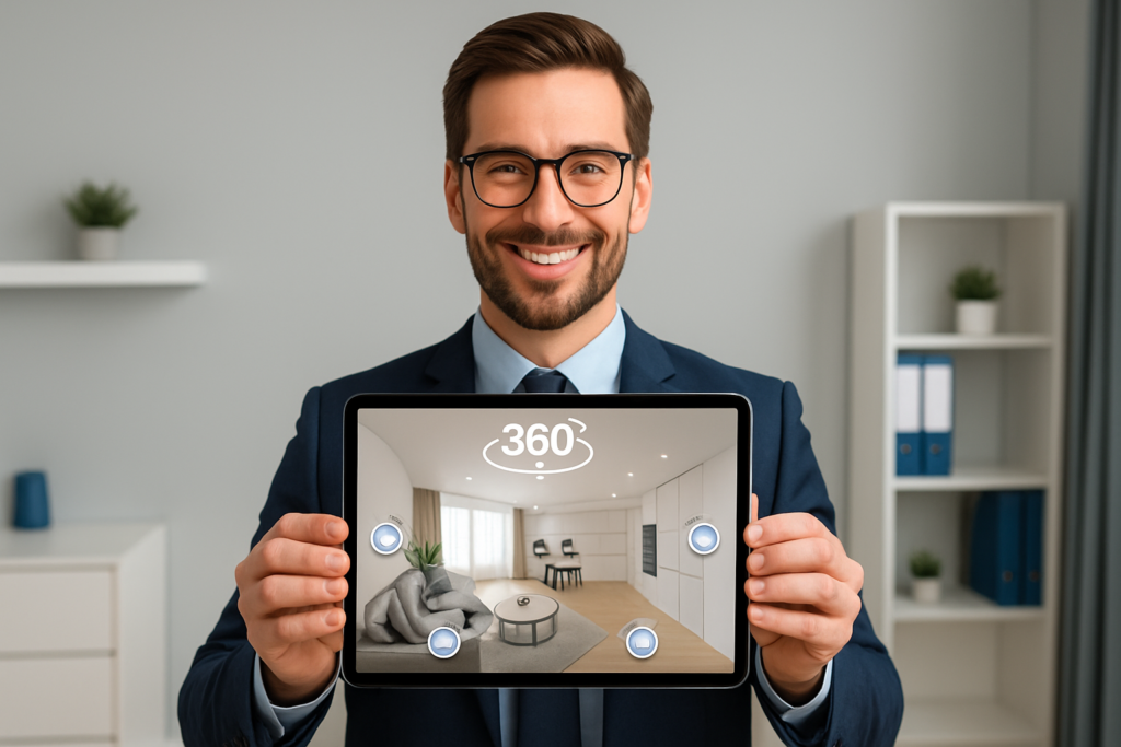 Illustration 3D réaliste d’un agent immobilier souriant tenant une tablette affichant une visite virtuelle 360° d’un appartement moderne et lumineux ; perspective immersive montrant l’écran avec hotspots interactifs, décor épuré, style corporate professionnel, couleurs neutres et accents bleus, rendu haute résolution format 16:9