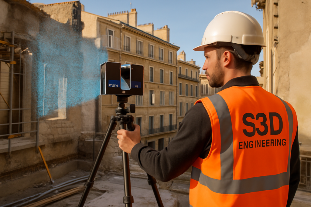 Photographie haute résolution en format paysage d’un chantier de rénovation au cœur de Marseille ; un technicien de S3D Engineering, équipé d’un gilet de sécurité orange, opère un scanner laser FARO monté sur trépied. Un nuage de points bleu translucide apparaît en surimpression pour illustrer la capture 3D. En arrière-plan, façades en pierre beige typiques de la ville, ciel clair, éclairage naturel de fin d’après-midi. Ambiance professionnelle, couleurs réalistes, style photo corporate.