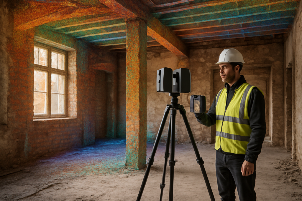 Intérieur d’un bâtiment en rénovation avec un opérateur utilisant un scanner laser 3D sur trépied ; nuage de points multicolore apparaissant en surimpression ; ambiance professionnelle, lumière naturelle, style photoréaliste