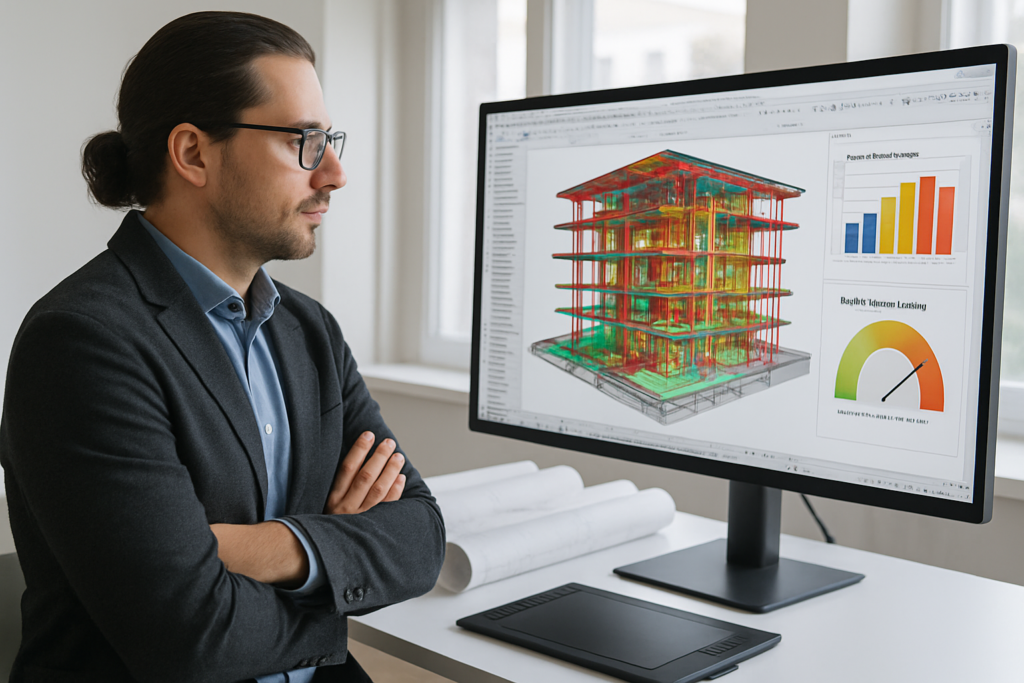 Architecte de profil trois-quarts devant un grand écran montrant un modèle 3D détaillé sous ArchiCAD, couches BIM colorées, graphiques d’estimation énergétique superposés, bureau moderne lumineux avec plans roulés et tablette graphique, rendu hyper-réaliste, style photographie professionnelle