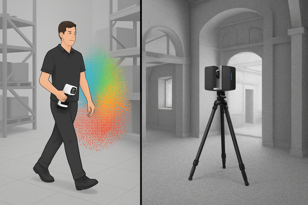 Scène divisée en deux : à gauche, un opérateur marche dans un entrepôt avec un scanner 3D mobile léger, générant un nuage de points coloré en temps réel ; à droite, un scanner laser statique monté sur trépied capte l’intérieur d’un bâtiment, avec un nuage de points dense et précis. Style infographique professionnel, lumière neutre, rendu réaliste 16:9.