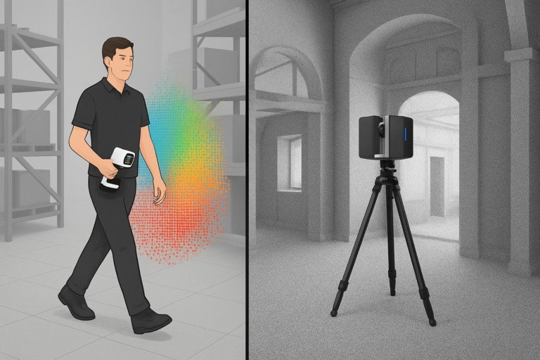 Scène divisée en deux : à gauche, un opérateur marche dans un entrepôt avec un scanner 3D mobile léger, générant un nuage de points coloré en temps réel ; à droite, un scanner laser statique monté sur trépied capte l’intérieur d’un bâtiment, avec un nuage de points dense et précis. Style infographique professionnel, lumière neutre, rendu réaliste 16:9.