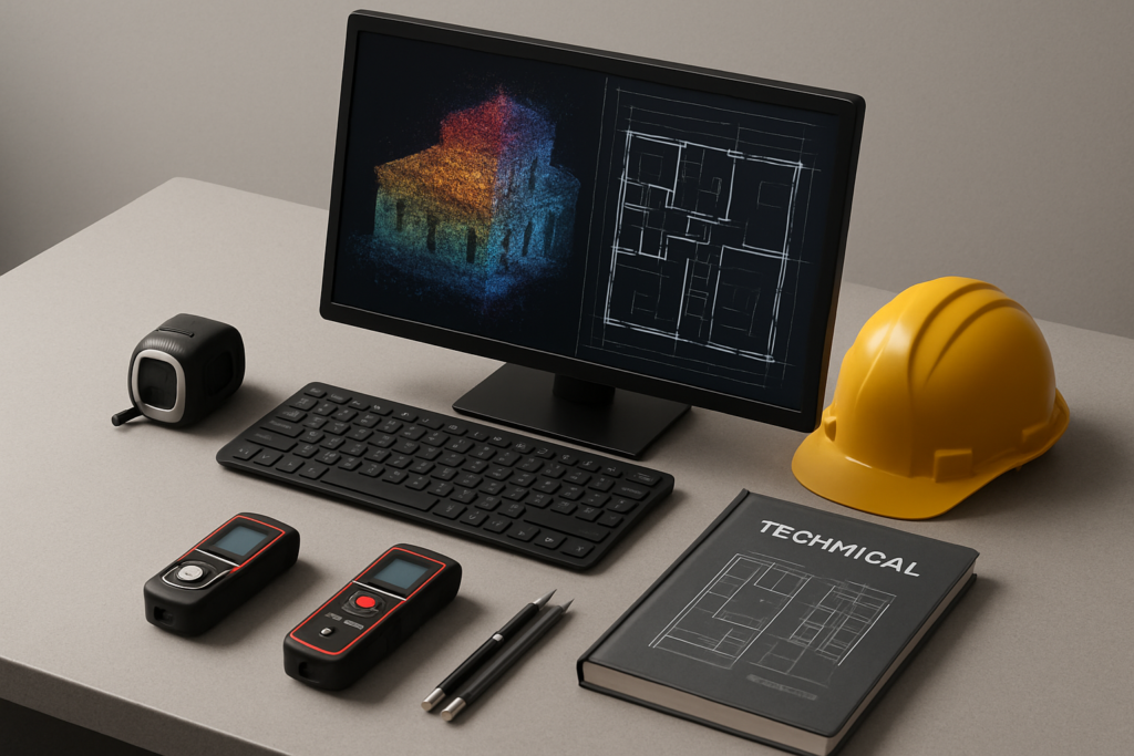 Vue isométrique d’un bureau d’architecte moderne : un écran d’ordinateur montre un nuage de points coloré issu d’un scan 3D qui se morphose visuellement en plans DWG 2D sous AutoCAD, instruments de mesure laser, casque de chantier et carnet technique sur la table, éclairage neutre, style réaliste professionnel, couleurs sobres
