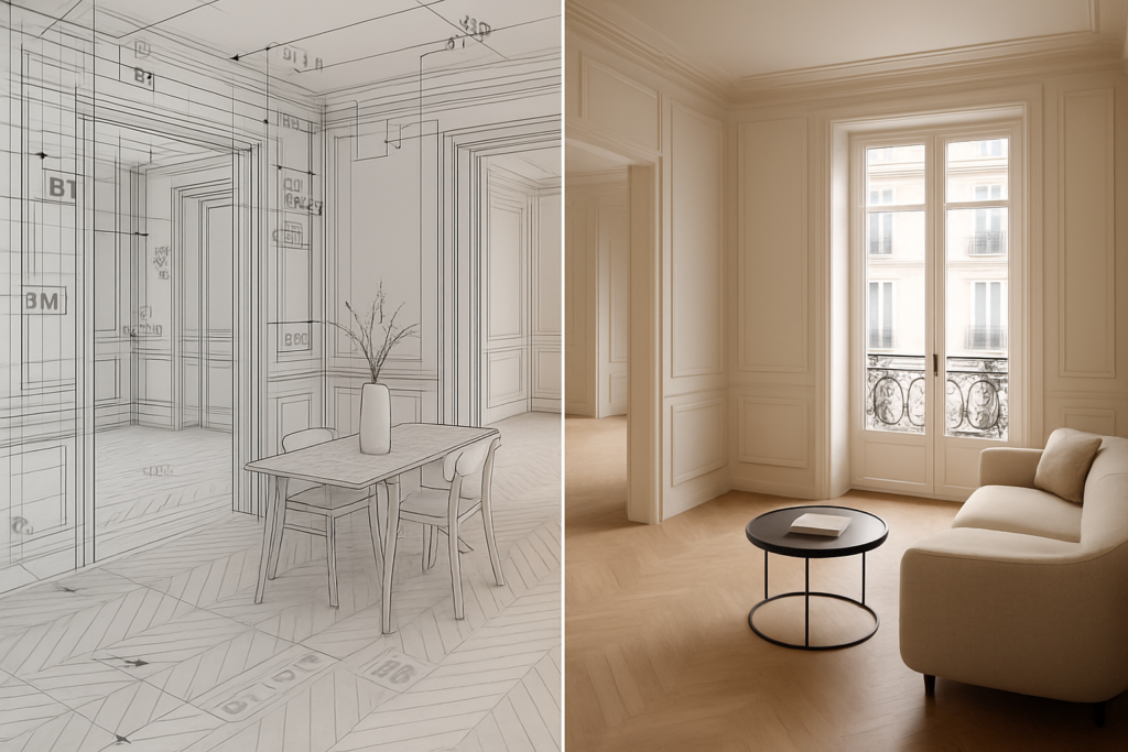 Vue isométrique d’un appartement haussmannien en cours de rénovation, scindé en deux : côté gauche modèle 3D filaire détaillé avec annotations BIM, côté droit rendu photoréaliste terminé, tons neutres et lumière naturelle venant d’une grande fenêtre parisienne, style professionnel épuré, haute résolution