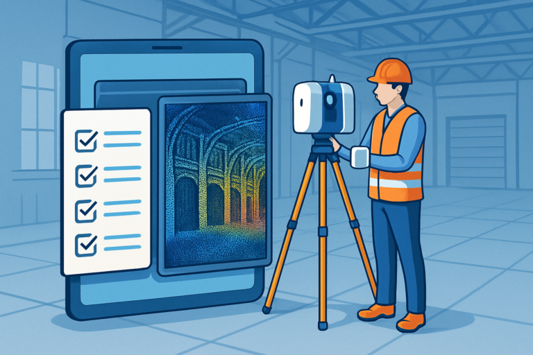 Illustration professionnelle : scène intérieure d’un bâtiment industriel où un géomètre utilise un scanner laser 3D sur trépied. On voit l’écran d’une tablette affichant un nuage de points coloré et, en surimpression, une feuille de devis avec cases à cocher. Style isométrique clair, tons bleu et orange, ambiance high-tech, lumière douce, rendu vectoriel haute résolution.