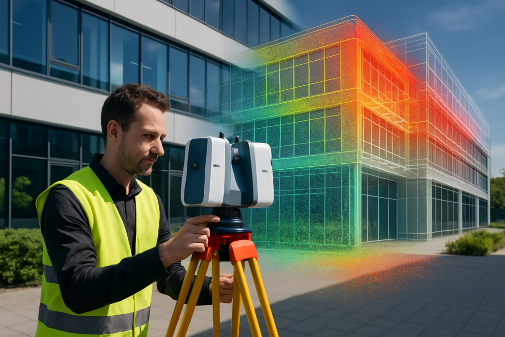 Photorealistic scene, sunny outdoor setting in front of a contemporary office building, a professional surveyor operating a tripod-mounted 3D laser scanner (LiDAR) capturing point cloud data; semi-transparent digital overlay shows colourful point cloud and BIM model emerging around the façade; clean, high-tech atmosphere, sharp focus, 8K resolution