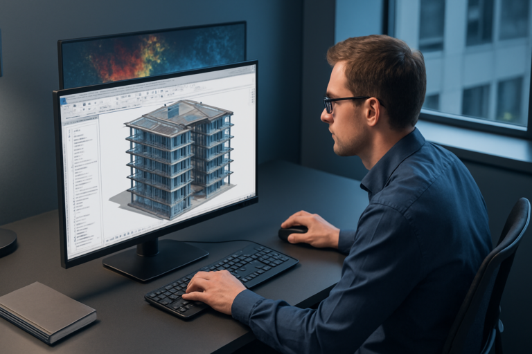 Vue isométrique photoréaliste d’un technicien BIM en bureau moderne, travaillant sur un écran affichant une maquette numérique Revit d’un immeuble détaillé, nuage de points coloré en arrière-plan, éclairage professionnel, palette bleu-gris, style corporate, haute résolution 16:9
