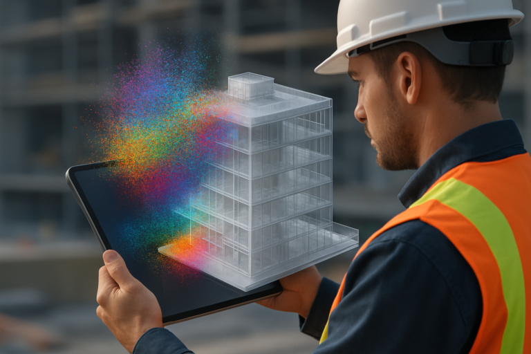 Vue isométrique réaliste d'un nuage de points 3D multicolore fusionnant progressivement avec une maquette numérique BIM semi-transparente d'un immeuble de bureaux, affichée sur une tablette tenue par un technicien en casque et gilet de chantier. Style high-tech professionnel, lumière naturelle douce, arrière-plan chantier moderne légèrement flouté.
