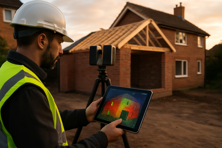 Vue réaliste d’un technicien en gilet haute visibilité utilisant un scanner laser 3D sur trépied devant une maison individuelle en cours d’extension, nuage de points coloré apparaissant sur une tablette, lumière de fin d’après-midi, style photographie professionnelle, profondeur de champ marquée