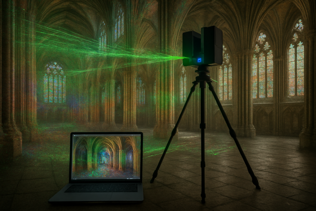 Intérieur d’une cathédrale gothique scannée : scanner laser 3D sur trépied émettant des faisceaux verts, nuage de points coloré se superposant à l’architecture, écran portable affichant la modélisation, lumière douce filtrant par les vitraux, style photo réaliste, haute définition