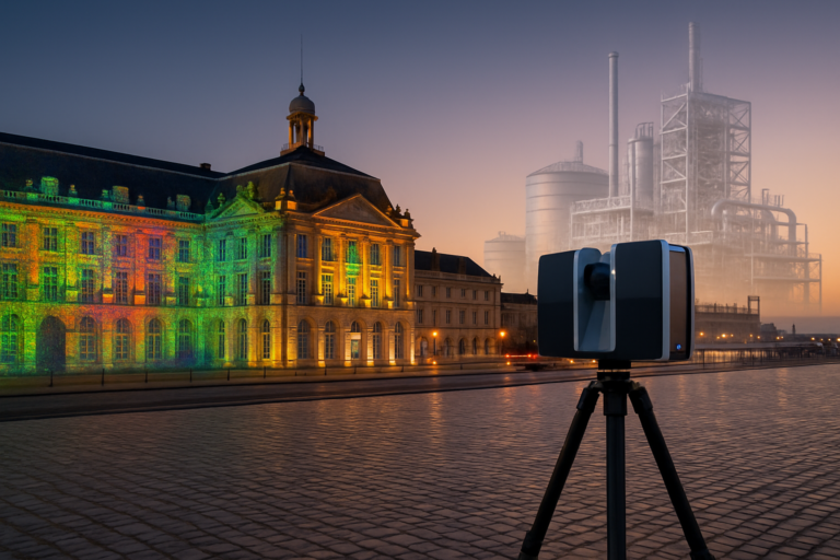 Scène photoréaliste au crépuscule montrant un laser scanner 3D sur trépied au premier plan, capturant la Place de la Bourse à Bordeaux ; un nuage de points multicolore se superpose à la façade historique tandis qu'une maquette BIM semi-transparente d'un site industriel apparaît en arrière-plan, illustrant la convergence patrimoine–industrie, rendu haute résolution, style professionnel.