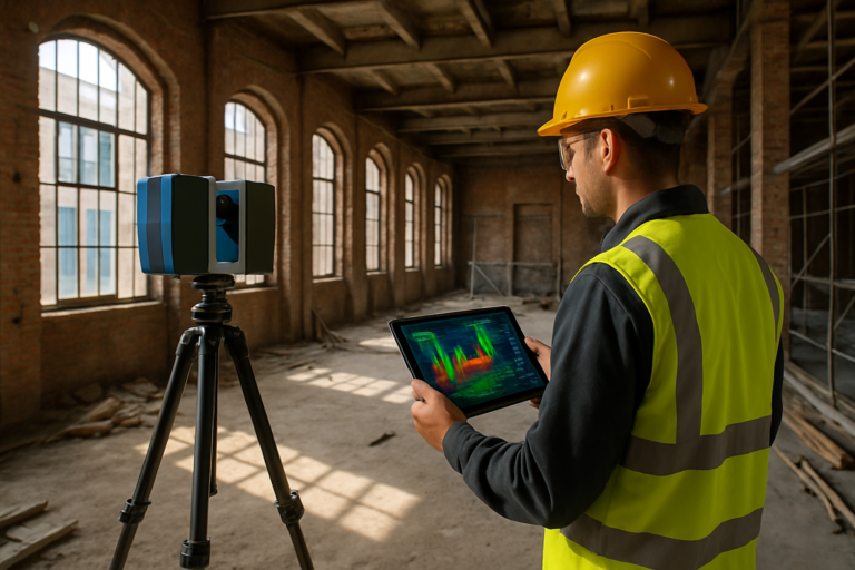 Vue intérieure d’un bâtiment lillois en briques rouges en cours de rénovation, un scanner laser 3D sur trépied au premier plan, technicien en gilet haute visibilité observant la tablette affichant un nuage de points coloré, ambiance professionnelle, éclairage naturel traversant de grandes fenêtres, style photo réaliste haute résolution