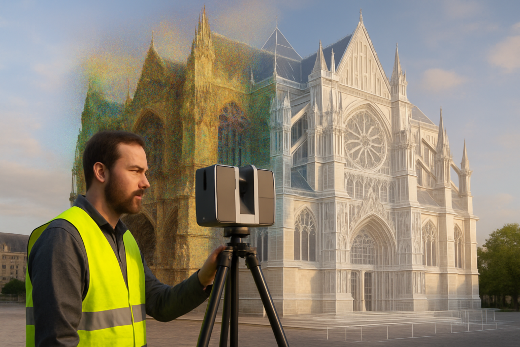 Illustration réaliste haute résolution d’un technicien en gilet fluorescent utilisant un scanner laser 3D sur trépied devant une façade historique de Reims ; superposition semi-transparente d’un nuage de points coloré et d’une maquette BIM détaillée, lumière douce de fin d’après-midi, couleurs naturelles, style photographie architecturale professionnelle