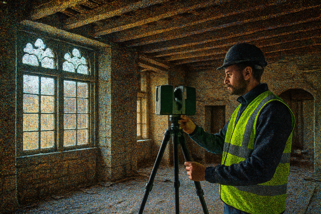 Photoréaliste, intérieur d’un bâtiment ancien de Rennes en rénovation, affiché en nuage de points multicolores. Au premier plan, un technicien en gilet haute visibilité utilise un scanner laser sur trépied. Lumière naturelle à travers de grandes fenêtres, détails architecturaux bretons visibles. Ambiance professionnelle soulignant la digitalisation et la précision du relevé 3D.