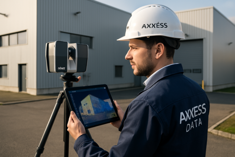 Vue photoréaliste d'un ingénieur Axxess Data utilisant un scanner laser 3D sur trépied devant un bâtiment industriel à Saint-Étienne, nuage de points coloré visible sur tablette, lumière du matin, style corporate moderne