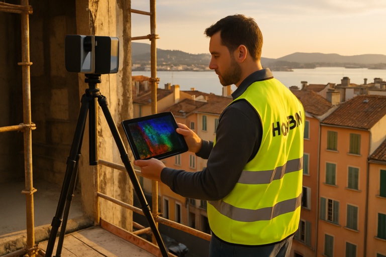 Technicien HeyBIM réalisant un scan laser 3D sur un chantier de rénovation à Toulon, rade en arrière-plan, façades provençales, nuage de points multicolore affiché sur tablette, lumière dorée de fin d’après-midi, style photo réaliste, objectif 35 mm, rendu haute définition