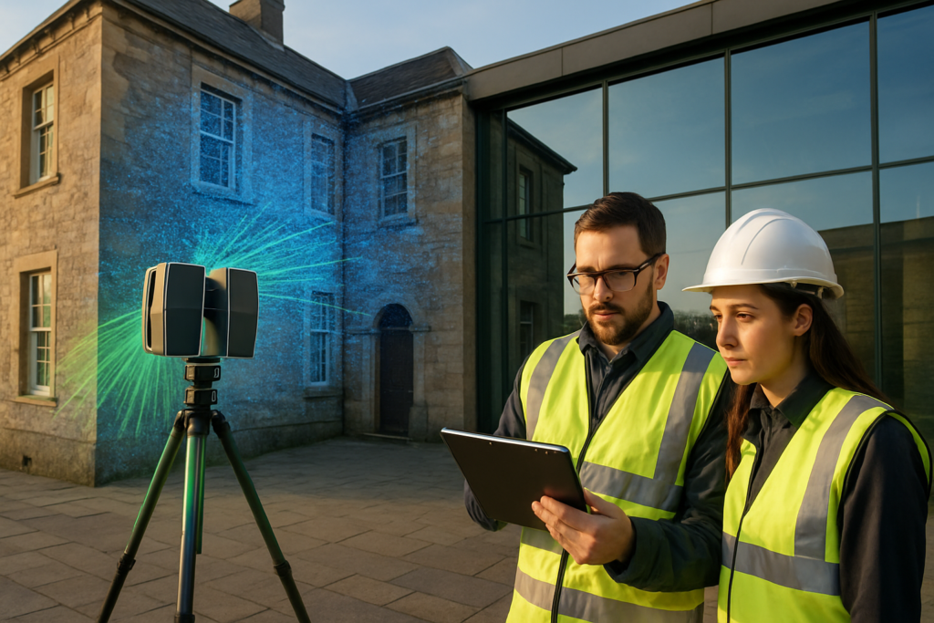 Photoréalisme, bâtiment ancien en pierre et extension moderne en verre, scanner laser 3D sur trépied projetant des faisceaux verts, nuage de points bleu se superposant à la façade, ingénieurs en gilet haute visibilité observant une tablette, lumière douce du matin, style professionnel, cadrage 16:9, haute résolution