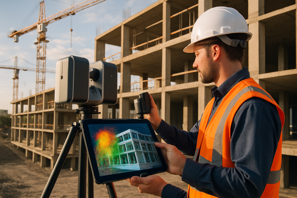 Vue photoréaliste d’un chantier moderne avec un technicien en gilet haute visibilité utilisant un scanner laser 3D sur trépied. À l’écran d’une tablette, on voit la superposition d’un nuage de points coloré et d’une maquette BIM révélant les écarts. Grues et structure béton en arrière-plan, lumière naturelle de fin d’après-midi, ambiance professionnelle, rendu haute définition.