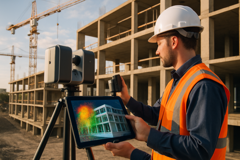Vue photoréaliste d’un chantier moderne avec un technicien en gilet haute visibilité utilisant un scanner laser 3D sur trépied. À l’écran d’une tablette, on voit la superposition d’un nuage de points coloré et d’une maquette BIM révélant les écarts. Grues et structure béton en arrière-plan, lumière naturelle de fin d’après-midi, ambiance professionnelle, rendu haute définition.