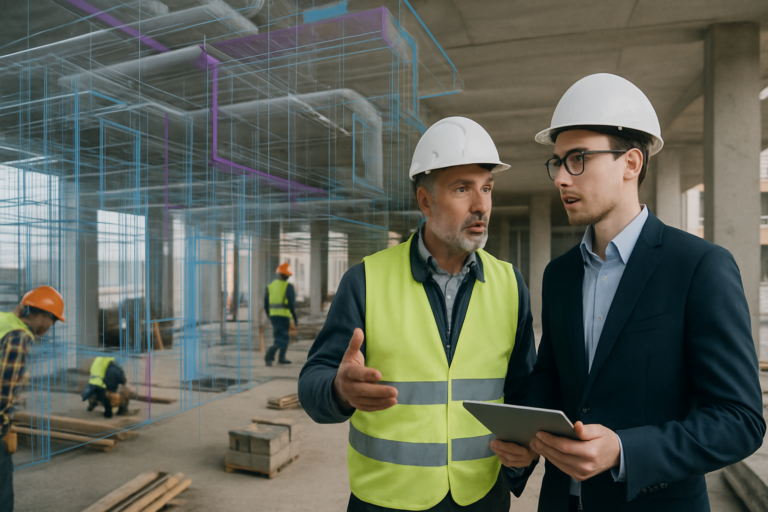 Photographie réaliste en 16:9 d’un chantier bâtiment moderne vue en immersion 360°, affichage de la maquette BIM en surimpression semi-transparente, un ingénieur casque et tablette échange avec le conducteur de travaux, ouvriers en arrière-plan, lumière naturelle douce, couleurs neutres professionnelles, style corporate, netteté élevée