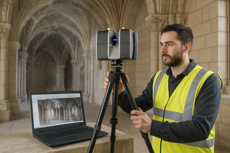Scène intérieure d’un bâtiment angevin, un technicien en gilet haute visibilité utilise un scanner laser 3D sur trépied. On voit le nuage de points en surimpression et, sur un ordinateur portable, la maquette numérique du bâtiment. Lumière naturelle douce, ton professionnel, style photo réaliste haute définition.