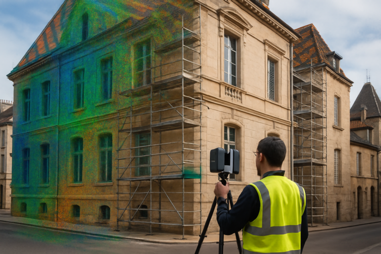 Photographie réaliste et lumineuse d’un bâtiment ancien de Dijon en cours de rénovation, visualisé en double exposition : moitié nuage de points coloré issu d’un scan 3D, moitié façade réelle. Un technicien porte un gilet haute visibilité et manipule un scanner laser sur trépied. Contexte urbain dijonnais identifiable (toits bourguignons, pierre de Bourgogne), ambiance professionnelle, couleurs naturelles, style photo d’architecture haut de gamme.