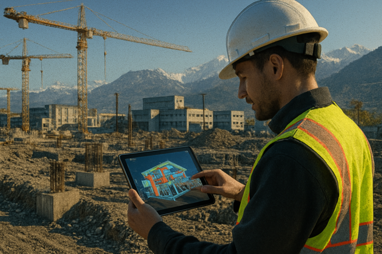 Vue intérieure d’un chantier à Grenoble capturé en scan 3D : nuage de points coloré haute densité, ingénieur en casque et gilet haute-visibilité consultant la maquette numérique sur tablette, grues et bâtiments industriels en fond, montagnes alpines en arrière-plan, style photo-réaliste, éclairage naturel, atmosphère professionnelle et technologique