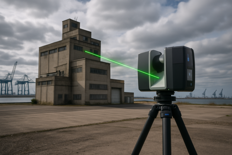 Vue professionnelle d un scanner laser 3D en action dans le port du Havre capturant un bâtiment industriel avec arrière-plan de grues maritimes ciel nuageux lumière naturelle style photographie corporate haute résolution faisceau laser vert visible