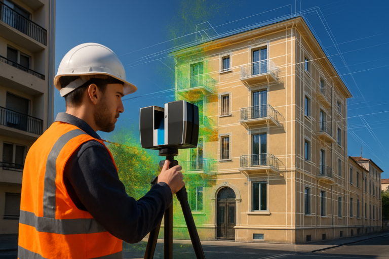 Vue réaliste d’un ingénieur en tenue de chantier manipulant un scanner laser 3D sur trépied devant une façade typique de Villeurbanne, ciel bleu. Affichage en surimpression d’un nuage de points coloré et de lignes BIM numériques, ambiance professionnelle, lumière naturelle, haute résolution.