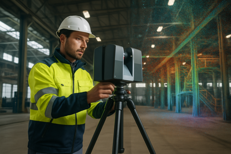 Photoréaliste : technicien équipé d’un scanner laser 3D sur trépied effectuant un relevé dans un vaste bâtiment industriel éclairé par la lumière naturelle. Un nuage de points coloré apparaît en surimpression, montrant la numérisation en cours. Ambiance professionnelle, mise au point nette, couleurs fidèles, perspective légèrement en contre-plongée.