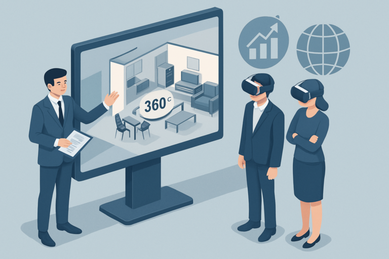 Illustration professionnelle en vue isométrique : un agent immobilier présente sur un grand écran tactile la visite virtuelle 360° d’un appartement moderne à des clients portant un casque VR, avec en arrière-plan des icônes de statistiques de performance et de portée mondiale, couleurs sobres bleu et gris, style flat design détaillé, éclairage réaliste